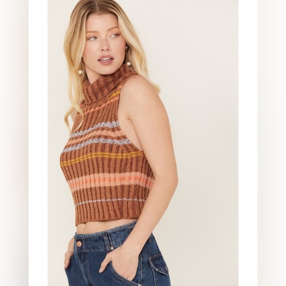 Free People Edith Striped Brown Sleeveless Sweater Vest - Picture 1 of 11